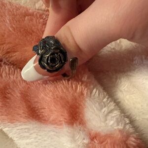Vintage Rose Sculpted Open Band spoon Ring - Blackened Metal